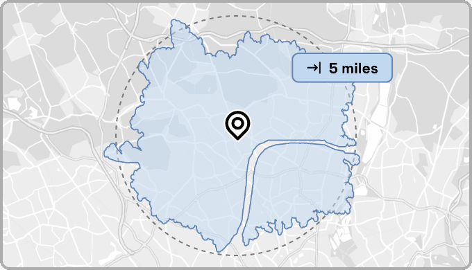 map with a blue isochrones and 5 mile distance radius