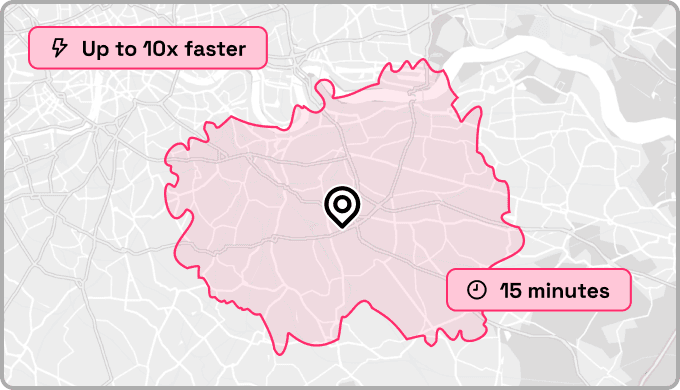 map with a red isochrone with medium detail