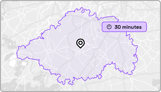 map with a purple isochrone with high detail